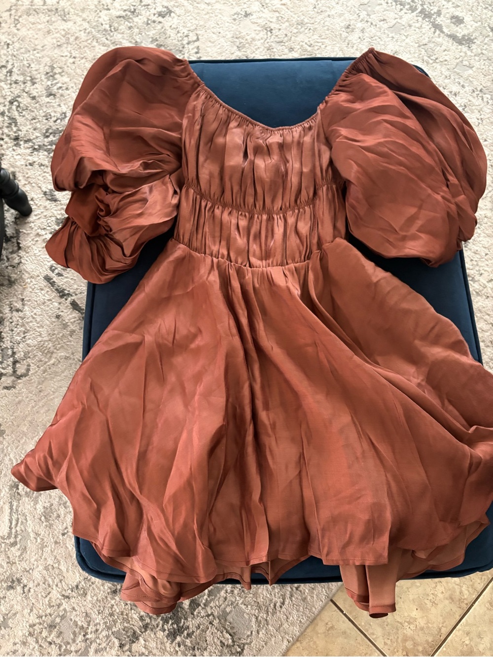 Altar'd State Rust Puff-Sleeve Smocked Waist Midi Dress